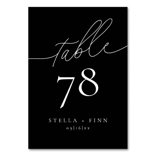 Moderne, elegante Script Black Wedding Tischnummer (Vorderseite)