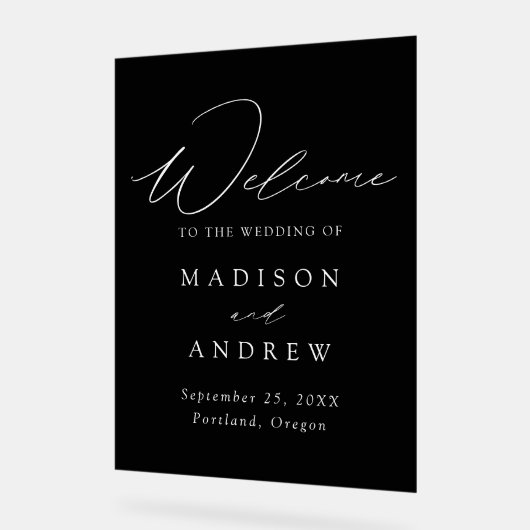 Moderne elegante Script Black Wedding Willkommen Acrylschild (Winkel)