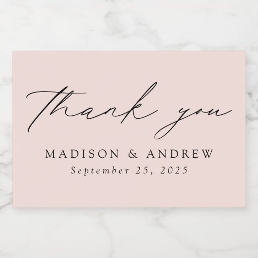 Moderne, elegante Script Blush Wedding Vielen Dank Schaumweinetikett (Einzelnes Label)