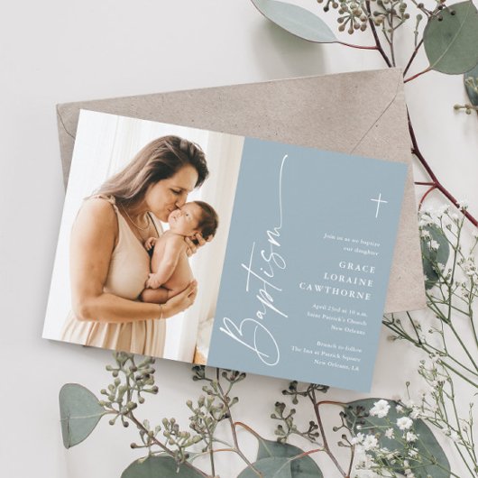 Moderne elegante Script Boys Foto Taufe Einladung