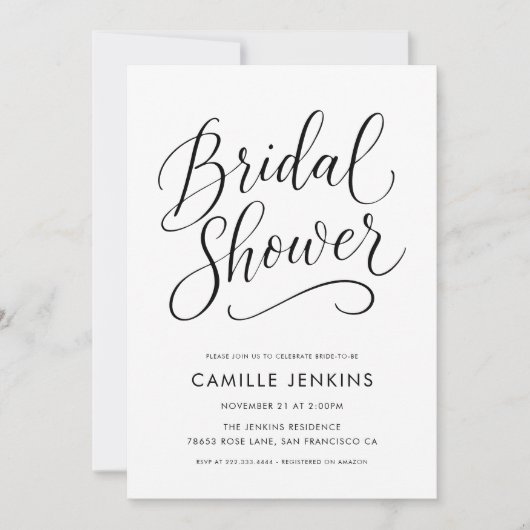 Moderne elegante Script Bridal Dusche Einladung (Vorderseite)