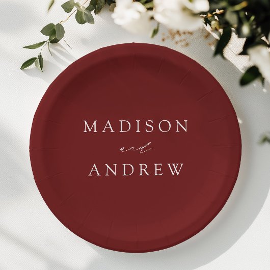 Moderne, elegante Script Burgundy Wedding Pappteller