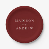 Moderne, elegante Script Burgundy Wedding Pappteller (Vorderseite)
