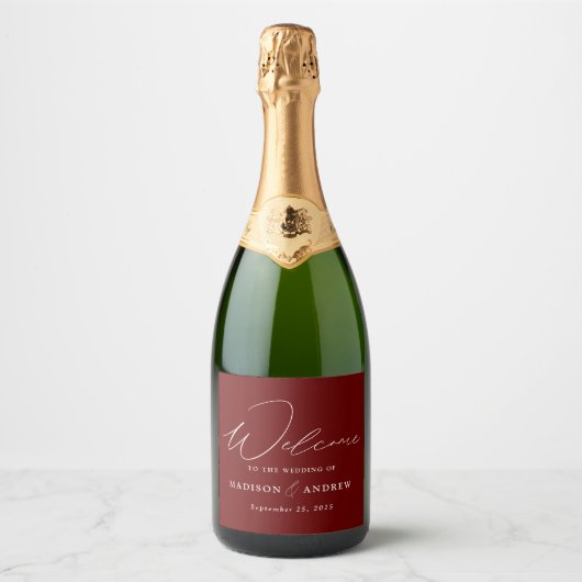 Moderne, elegante Script Burgundy Wedding Schaumweinetikett (Vorderseite)