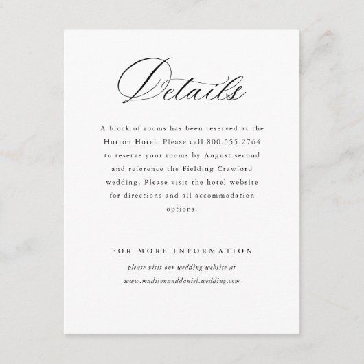Moderne, elegante Script Classic Wedding Details Begleitkarte (Vorderseite)