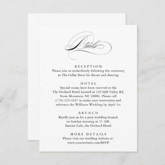 Moderne, elegante Script Classic Wedding Details Begleitkarte (Vorne/Hinten)