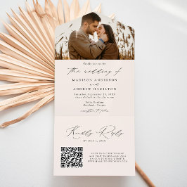Moderne, elegante Script-Cream-Foto Hochzeit All In One Einladung