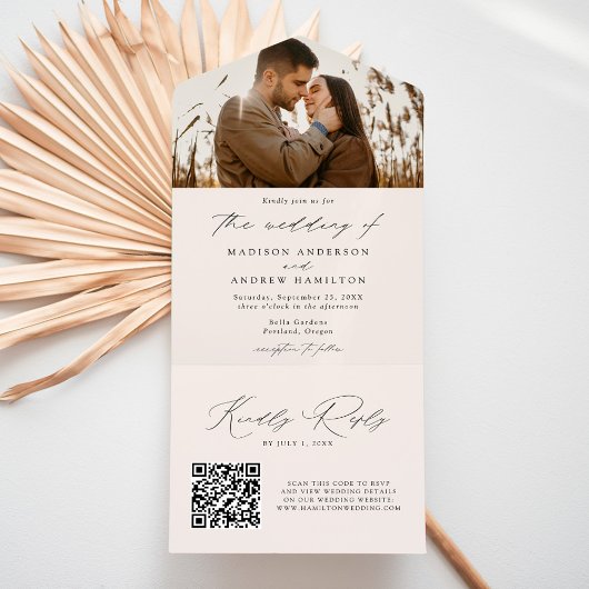 Moderne, elegante Script-Cream-Foto Hochzeit All In One Einladung