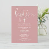 Moderne, elegante Script Dusty Rose Rosa Taufe Einladung (Stehend Vorderseite)