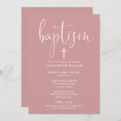 Moderne, elegante Script Dusty Rose Rosa Taufe Einladung (Vorne/Hinten)