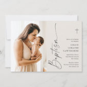 Moderne, elegante Script Elfenbeintaufe Foto Einladung (Vorderseite)