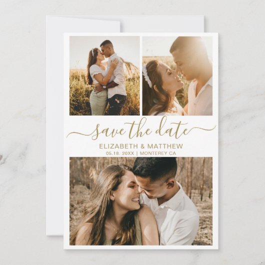 Moderne, elegante Script Foto Collage Wedding Save The Date (Vorderseite)