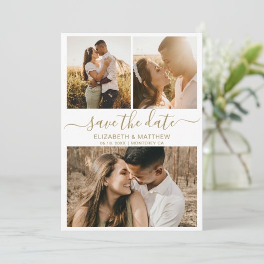 Moderne, elegante Script Foto Collage Wedding Save The Date (Stehend Vorderseite)