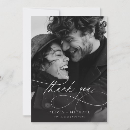 Moderne, elegante Script-Foto-Hochzeit Dankeskarte (Vorderseite)