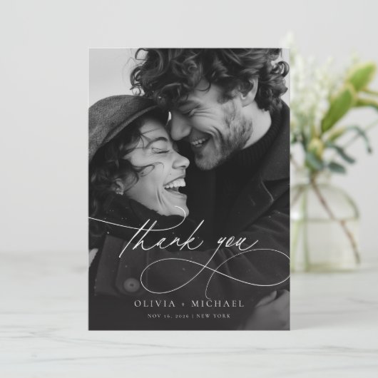 Moderne, elegante Script-Foto-Hochzeit Dankeskarte (Stehend Vorderseite)