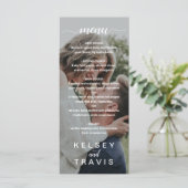 Moderne, elegante Script-Foto-Hochzeit Menükarte (Stehend Vorderseite)