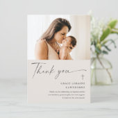 Moderne elegante Script-Foto-Taufe Danke-Karte Einladung (Stehend Vorderseite)