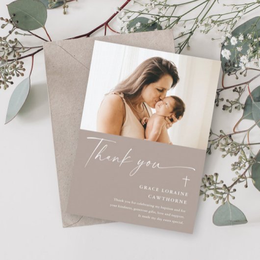 Moderne elegante Script-Foto-Taufe Danke-Karte Einladung