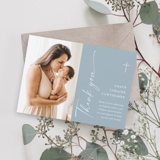 Moderne elegante Script-Foto-Taufe Danke-Karte Einladung