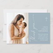 Moderne elegante Script-Foto-Taufe Danke-Karte Einladung (Vorderseite)