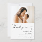 Moderne elegante Script-Foto-Taufe Dankeskarte (Vorderseite)