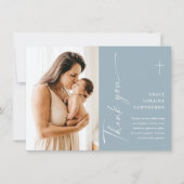 Moderne elegante Script-Foto-Taufe Dankeskarte (Vorderseite)