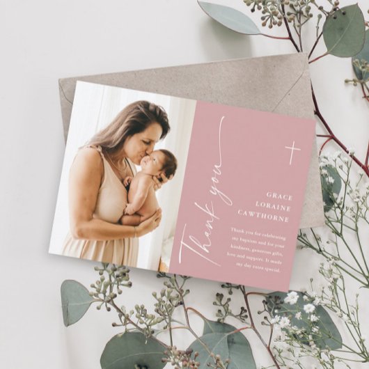 Moderne elegante Script-Foto-Taufe Dankeskarte