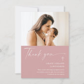 Moderne elegante Script-Foto-Taufe Dankeskarte (Vorderseite)
