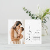 Moderne elegante Script-Foto-Taufe Dankeskarte (Stehend Vorderseite)