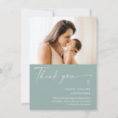 Moderne elegante Script-Foto-Taufe Dankeskarte (Vorderseite)