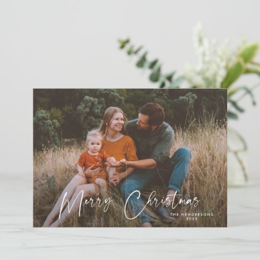 Moderne Elegante Script Frohe Weihnachten Foto (Stehend Vorderseite)