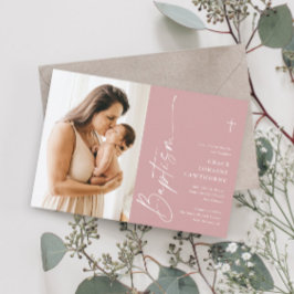 Moderne elegante Script Girls Foto Taufe Einladung