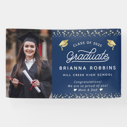 Moderne, elegante Script Gold Abschluss Foto Navy Banner (Horizontal)