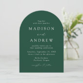Moderne, elegante Script Green Arch Wedding Einladung (Stehend Vorderseite)