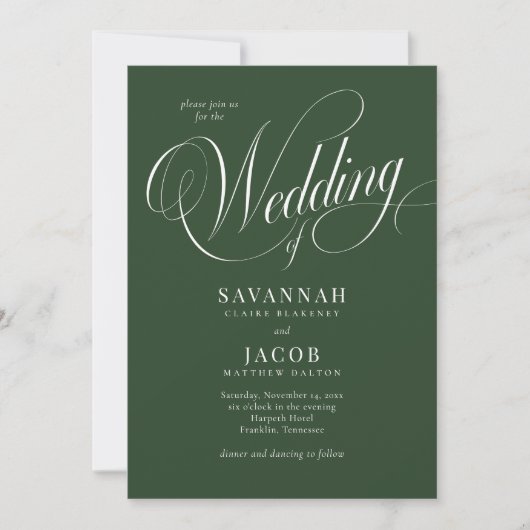 Moderne, elegante Script Green Wedding Einladung (Vorderseite)