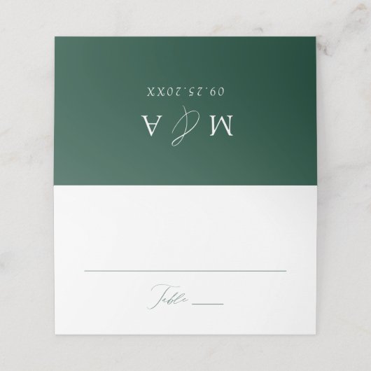 Moderne, elegante Script Green Wedding Platzkarte (Außenseite Aufgefaltet)