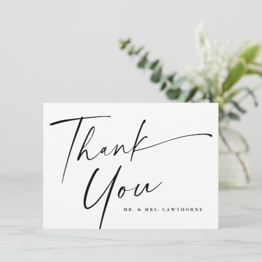 Moderne, elegante Script-Hochzeit Dankeskarte (Stehend Vorderseite)