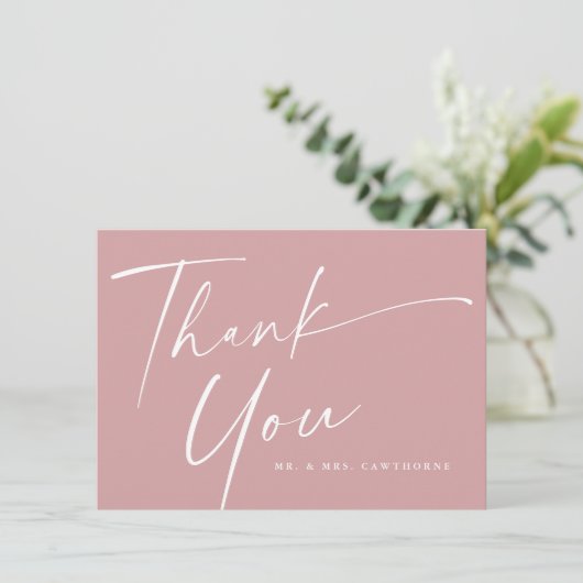 Moderne, elegante Script-Hochzeit Dankeskarte (Stehend Vorderseite)