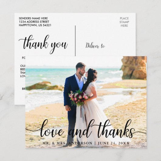 Moderne, elegante Script-Liebe dank Wedding Foto B Postkarte (Vorne/Hinten)