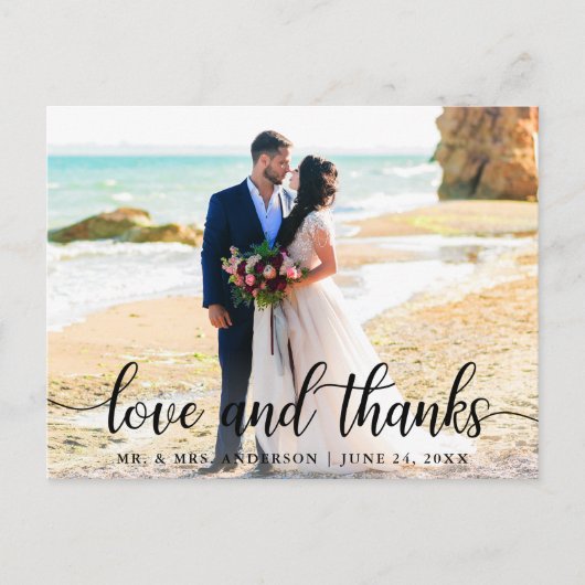 Moderne, elegante Script-Liebe dank Wedding Foto B Postkarte (Vorderseite)