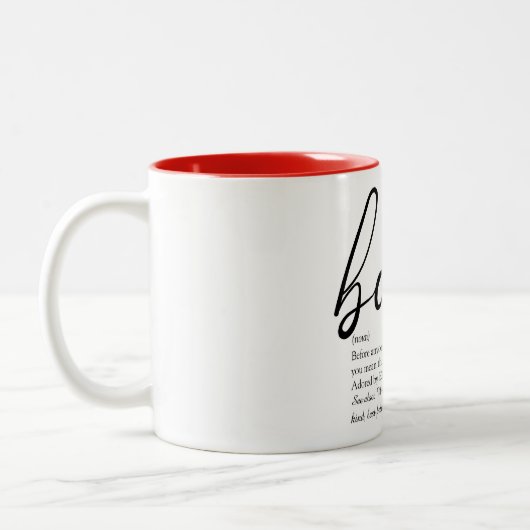 Moderne, elegante Script-Liebe Herzstück-Definitio Zweifarbige Tasse (Links)