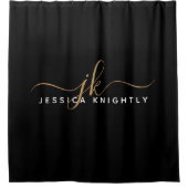 Moderne elegante Script Monogram Initials Black Go Duschvorhang (Vorderseite)