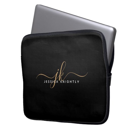 Moderne elegante Script Monogram Initials Black Go Laptopschutzhülle (Vorderseite Links)
