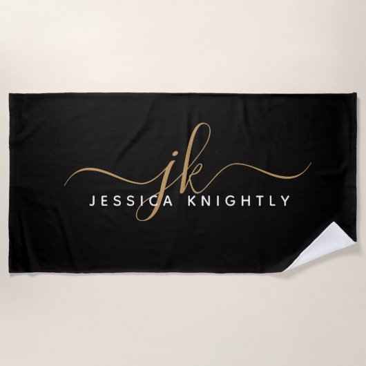 Moderne elegante Script Monogram Initials Black Go Strandtuch (Vorderseite)