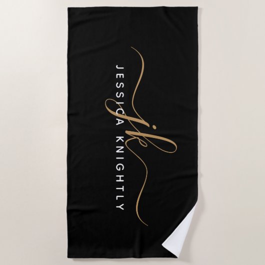 Moderne elegante Script Monogram Initials Black Go Strandtuch (Vorderseite)