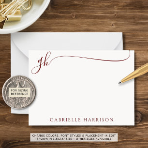 Moderne elegante Script Monogram Initials Burgundy Mitteilungskarte