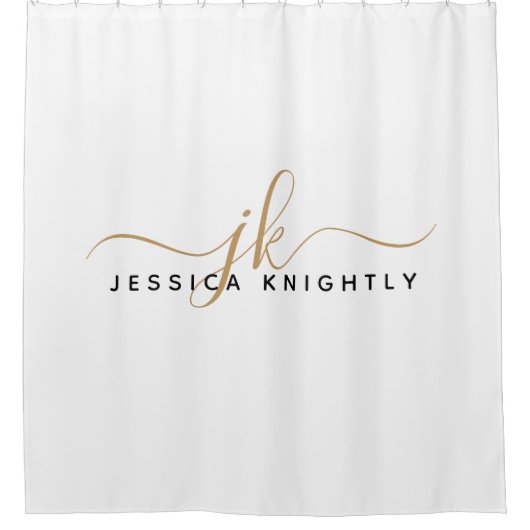 Moderne elegante Script Monogram Initials White Go Duschvorhang (Vorderseite)