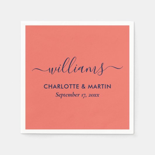 Moderne, elegante Script Navy Blue und Coral Weddi Serviette (Vorderseite)