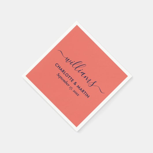 Moderne, elegante Script Navy Blue und Coral Weddi Serviette (Ecke)