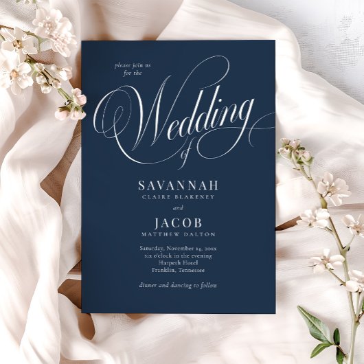 Moderne, elegante Script Navy Blue Wedding Einladung
